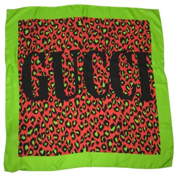 Gucci Women’s Prominent Logo Leopard Print Silk Luxury Scarf Green Multi DM1 - Picture 2 of 7